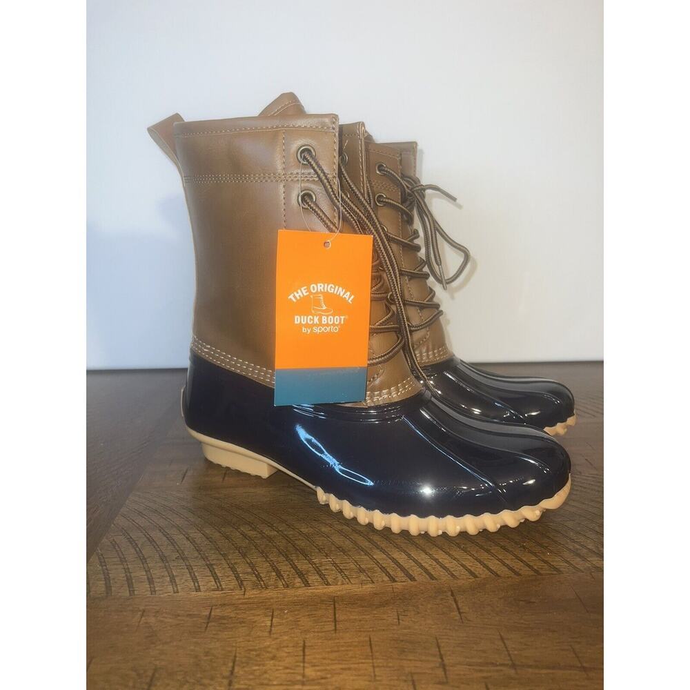 Sporto Ariel Duck Boots Mid-Calf Womens Size 6 Beige Navy Booties Waterproof NWT